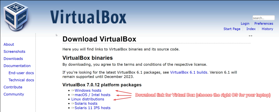 Visual showing Download and install VirtualBox (https://www.virtualbox.org/wiki/Downloads) based on your Operating Systems (Windows, MacOS, Linux):