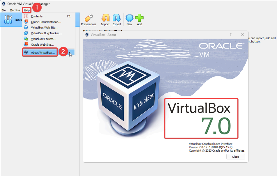 Visual showing After the installation, you can open Virtualbox and check its current version as following: