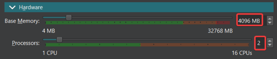 Visual showing In our case, 4 GB of RAM and 2 CPUs are very plenty for Ubuntu Server.