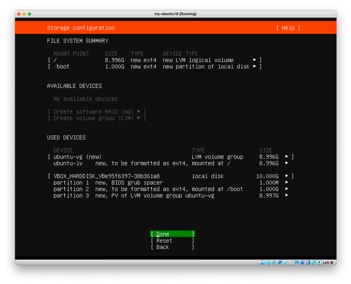 Visual showing We let Ubuntu decide how to partition the disk for us. press Done: