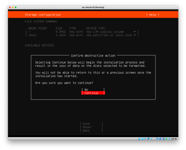 Visual showing Click on Continue to swipe the space inside VM to install the Ubuntu on it: