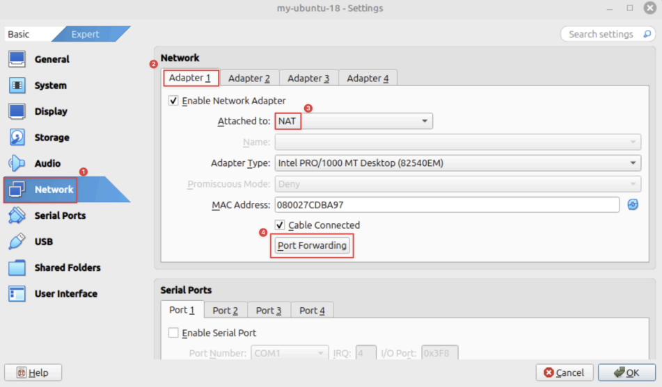Visual showing Expand the " Advanced " section and click on the "Port Forwarding" button .