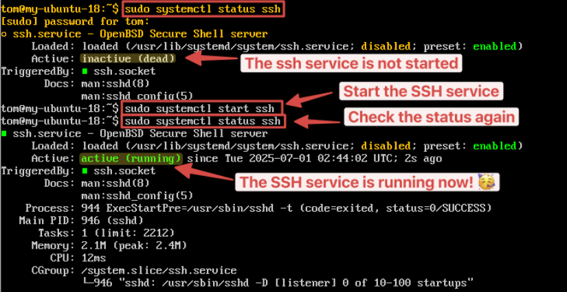 Visual showing Ensure to check the status and start the SSH Server if needed