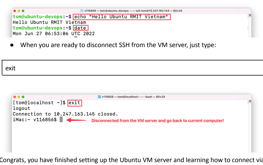 Visual showing You can type these commands to print out string or display date like so: