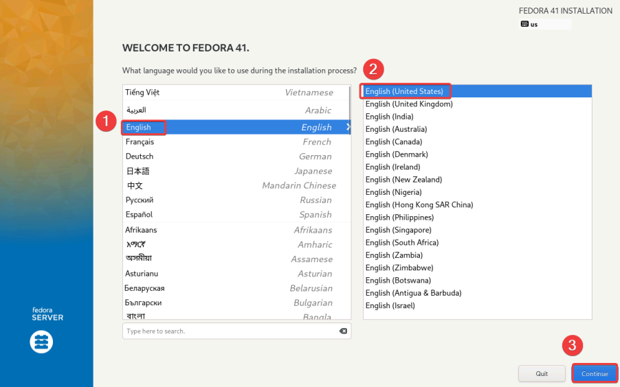 Visual showing Continue with English language and keyboard layouts: