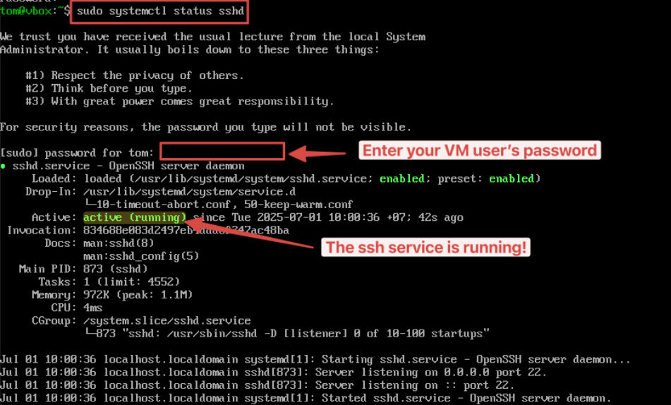 Visual showing sudo systemctl status sshd