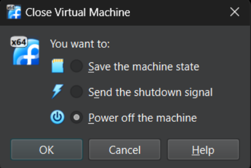 Visual showing You can shut down the VM of VirtualBox just by clicking on the x and shut it down: