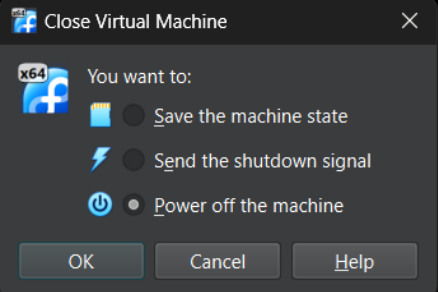 Visual showing You can shut down the VM of VirtualBox just by clicking on the x and shut it down: