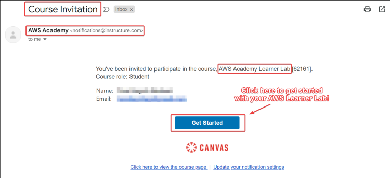 Visual showing Set up your AWS Academy account by responding to your email invitation and clicking Get Started. The email invitation will come from AWS Academy <notificatio...