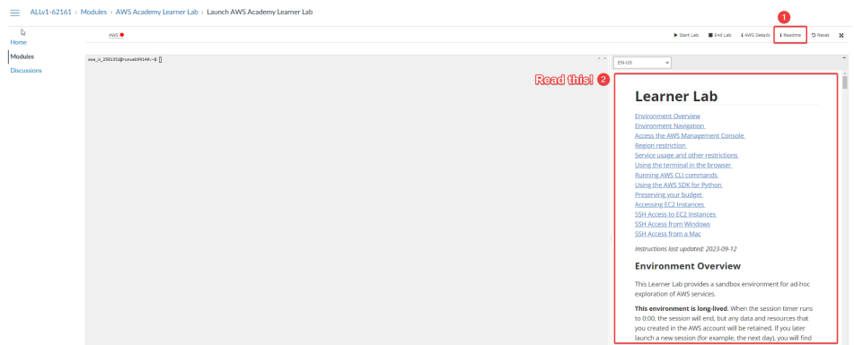 Visual showing The instructions for using the lab environment are to the right of the console window. You can return to the instructions by pressing the Readme button. The...