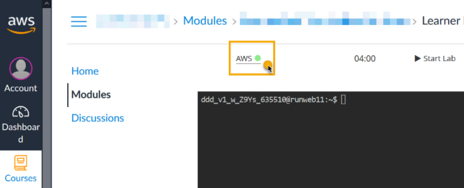 Visual showing When the dot next to AWS turns green , your lab environment is ready to use. Click AWS to launch the AWS Console in a new tab.