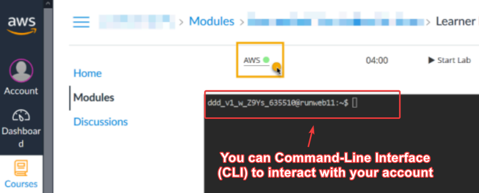 Visual showing Alternatively, you can use the terminal window to the left of the instructions to use the AWS Command-Line Interface (CLI) to interact with your account.