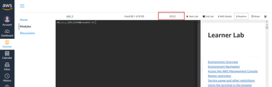 Visual showing You can monitor your remaining session time at the top of the lab. Note: If you are actively working and you need more time, you can reset your session timer...