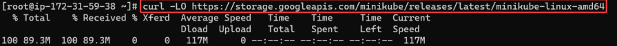 Screenshot illustrating curl -LO https://storage.googleapis.com/minikube/releases/latest/minikube-linux-amd64