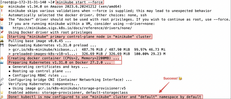 Screenshot illustrating minikube start --force
