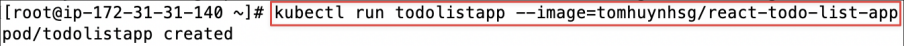 Screenshot illustrating kubectl run todolistapp --image=tomhuynhsg/react-todo-list-app