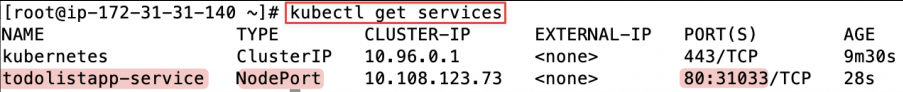 Screenshot illustrating kubectl get services