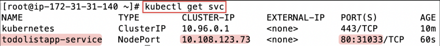 Screenshot illustrating kubectl get svc