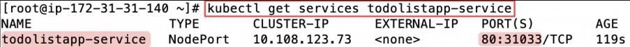 Screenshot illustrating kubectl get services todolistapp-service