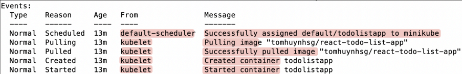 Screenshot illustrating kubectl describe pod todolistapp