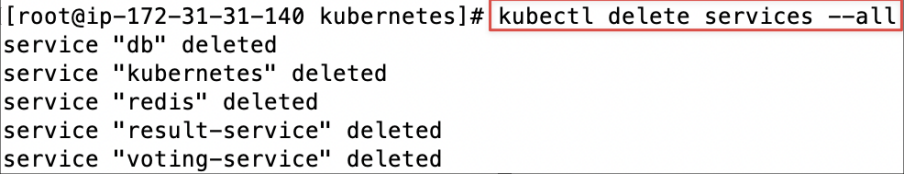 Screenshot illustrating kubectl delete services --all