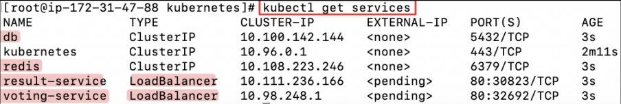 Screenshot illustrating kubectl get services
