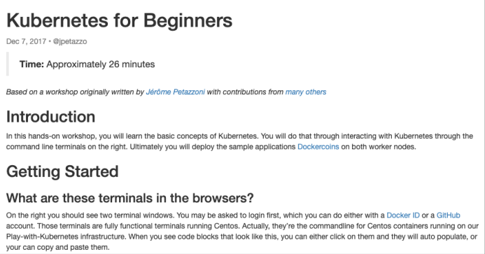 Screenshot illustrating https://training.play-with-kubernetes.com/kubernetes-workshop/