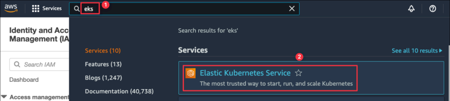 Screenshot illustrating You can check out the Elastic Kubernetes Service (EKS) dashboard here: