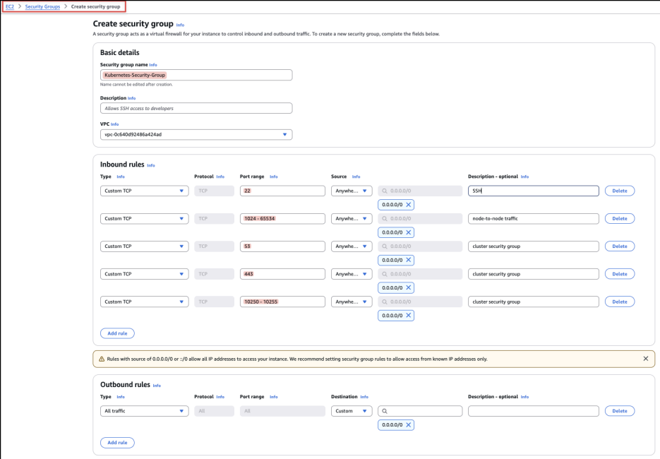 Screenshot illustrating Please create a security group in EC2 as following: