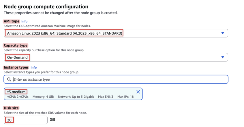 Screenshot illustrating Disk size: 20 GiB is allocated for the root volume of each EC2 instance.