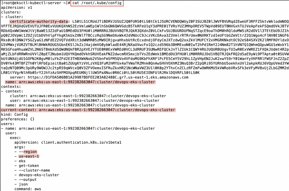 Screenshot illustrating cat /root/.kube/config