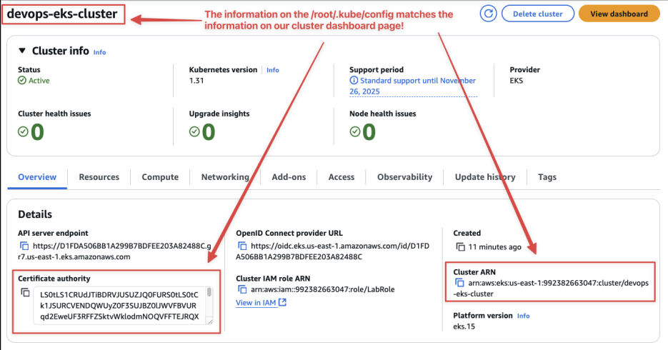 Screenshot illustrating cat /root/.kube/config