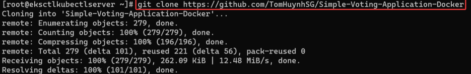 Screenshot illustrating yum install git -y git clone https://github.com/TomHuynhSG/Simple-Voting-Application-Docker