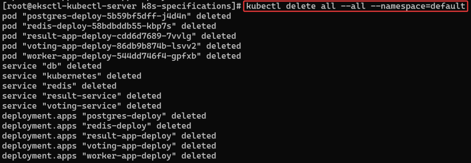 Screenshot illustrating kubectl delete all --all --namespace=default