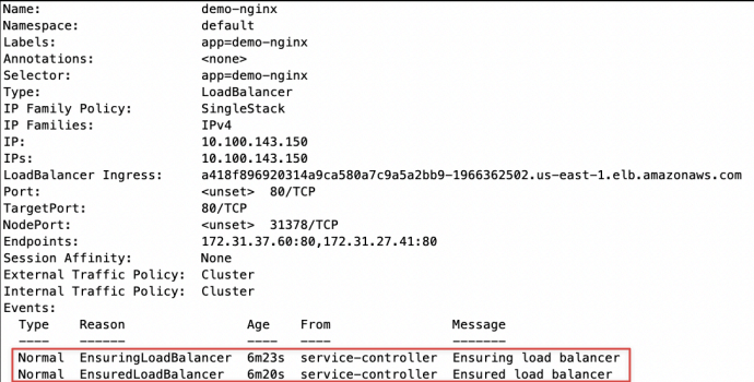 Screenshot illustrating kubectl describe service demo-nginx