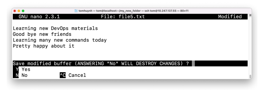 Visual showing Press “Ctrl+X” to save the file and quit Nano: