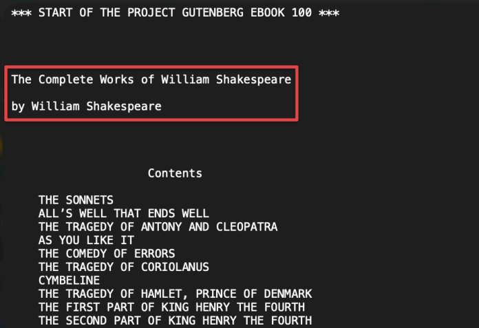 Visual showing curl https://www.gutenberg.org/files/100/100-0.txt > shakespeare.txt