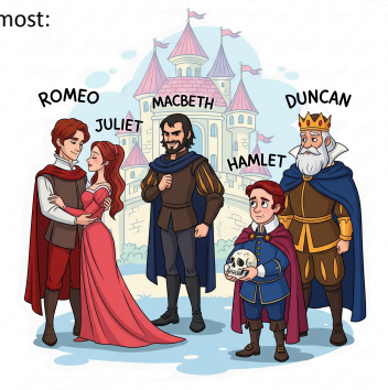 Visual showing These are the top five most popular characters in Shakespeare’s book. Can you figure out