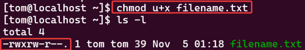 Visual showing chmod u+x filename.txt