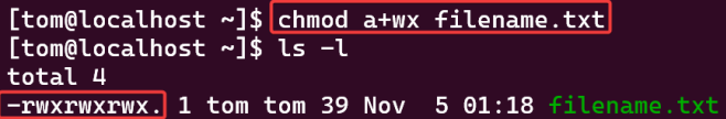 Visual showing chmod a+wx filename.txt