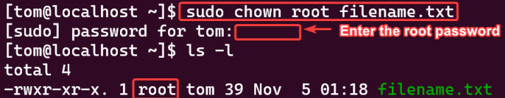 Visual showing sudo chown root filename.txt