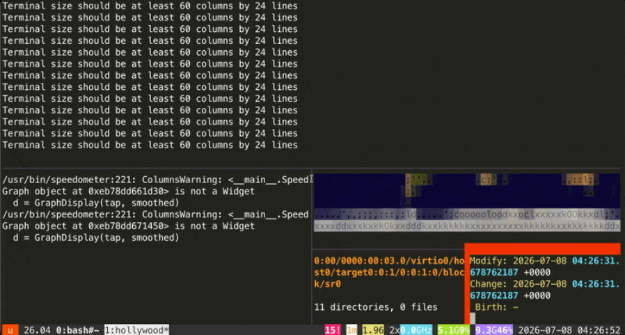 Visual showing Have you ever watched a movie where the “tech expert” has many terminal windows flashing logs, system monitors, and random code? The hollywood package lets y...