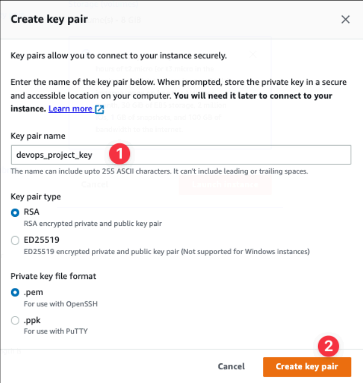 Screenshot illustrating Create a new key pair to securely SSH to your EC2 instance: