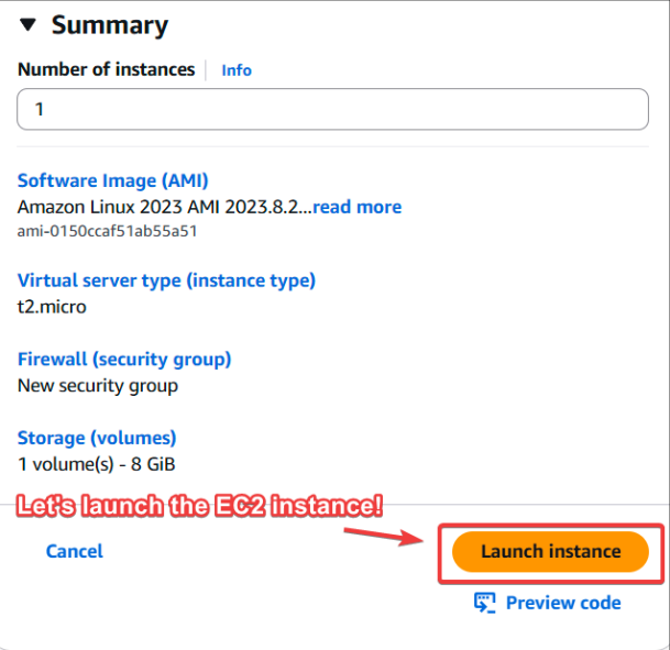 Screenshot illustrating After that, review the configuration settings and launch the instance: