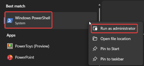 Screenshot illustrating Open PowerShell as Administrator