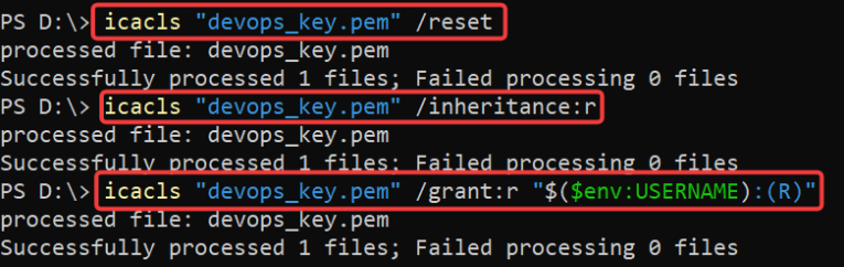 Screenshot illustrating icacls "devops_key.pem" /reset icacls "devops_key.pem" /inheritance:r icacls "devops_key.pem" /grant:r "$($env:USERNAME):(R)"