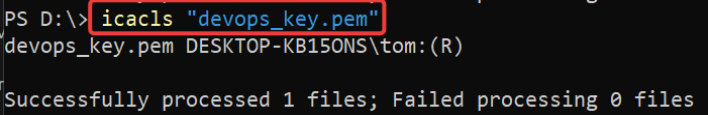 Screenshot illustrating icacls "devops_key.pem"