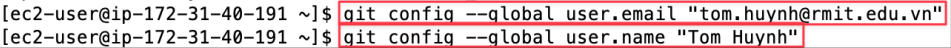 Screenshot illustrating git config --global user.email "you@example.com" git config --global user.name "Your Name"