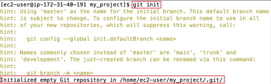 Screenshot illustrating git init