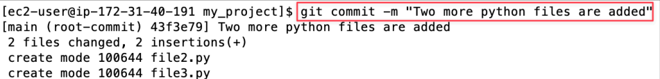 Screenshot illustrating git commit -m "Two more python files are added"